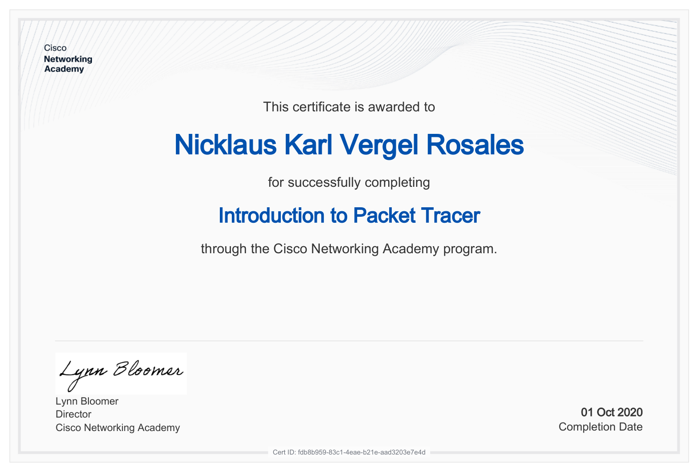 Cisco Networking Academy Introduction to Packet Tracer certificate